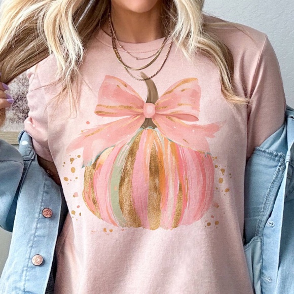 Comfort Colors Tops - Pumpkin Watercolor Splatter Pink Bow Fall Vibe Graphic Tee